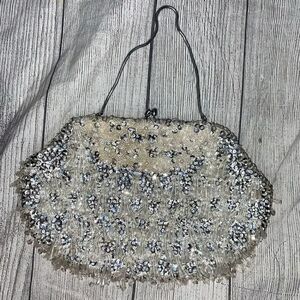 Vintage sequin & tassel beads hand held clutch w/snap close & silver cord strap